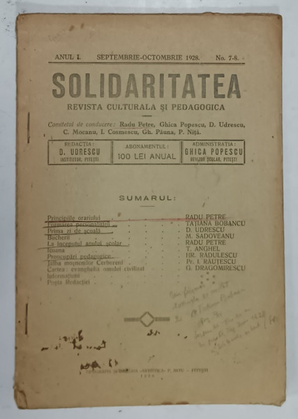 SOLIDARITATEA , REVISTA CULTURALA SI PEDAGOGICA , ANUL I , NR. 7 -8 , 1928