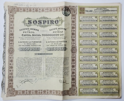 '' SOSPIRO '' SOCIETATEA ANONIMA DE PETROL , 5 ACTIUNI LA PURTATOR IN VALOARE DE 2500 LEI , ANII ' 20
