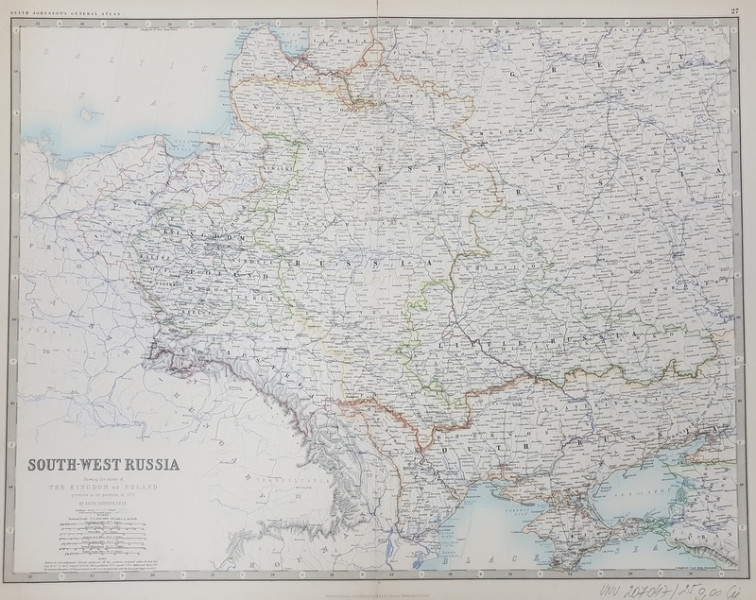 SOUTH - WEST RUSSIA - SHOWING THE EXTENT OF THE KINGDOM OF POLAND PREVIOUS TO ITS PARTITION IN 1722 by KEITH JOHNSTON  ,  SCARA 1 / 3.456.000 , MIJLOCUL SECOLULUI XIX