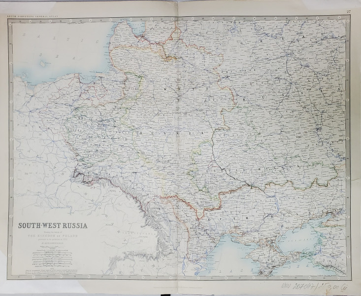 SOUTH - WEST RUSSIA - SHOWING THE EXTENT OF THE KINGDOM OF POLAND PREVIOUS TO ITS PARTITION IN 1722 by KEITH JOHNSTON  ,  SCARA 1 / 3.456.000 , MIJLOCUL SECOLULUI XIX