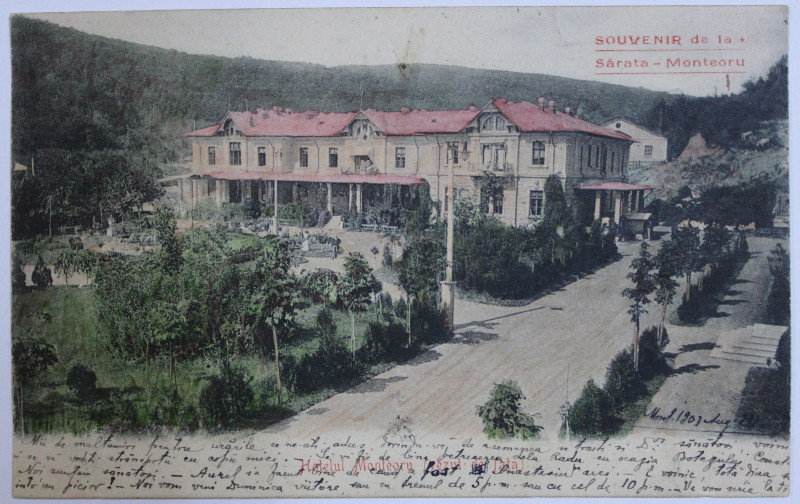 SOUVENIR DE LA SARATA - MONTEORU - HOTELUL MONTEORU VAZUT DIN FATA , CARTE POSTALA ILUSTRATA , POLICROMA, CIRCULATA , CLASICA , DATATA 1903