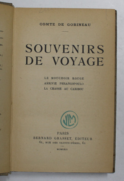 SOUVENIRS DE VOYAGE par COMTE DE GOBINEAU , 1922