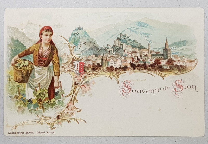 SOUVENR DE SION , CARTE POSTALA ILUSTRATA , CROMOLITOGRAFIE , POLICROMA , CIRCULATA  , CLASICA