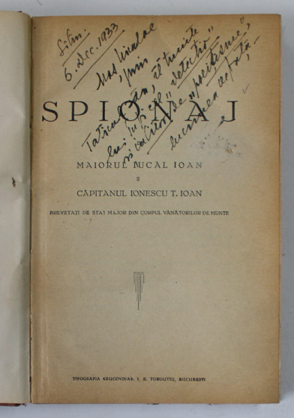 SPIONAJ de MAIORUL IUCAL IOAN si CAPITANUL IONESCU T. IOAN , 1933 , PREZINTA PETE  SI HALOURI DE APA