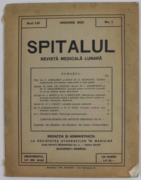 SPITALUL , REVISTA MEDICALA LUNARA , ANUL LIII , No. 1 , IANUARIE 1933