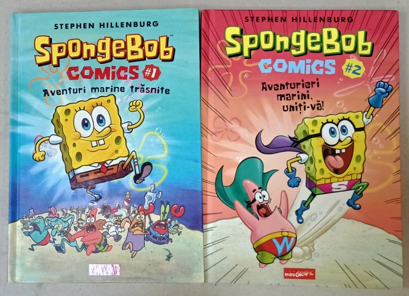 SPONGEBOB COMICS , AVENTURI MARINE TRAZNITE /  AVENTURIERI MARINI , UNITI-VA ! de STEPHEN HIILLENBURG , VOLUMELE I - II , 2020-2021 , BENZI DESENATE CU TEXT IN LIMBA ROMANA