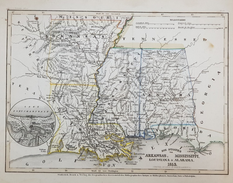 STATELE ARKANSAS , MISSISSIPPI , LOUISIANA SI ALABAMA LA 1853 , HARTA FIZICA , LIMBA GERMANA , APARUTA 1853