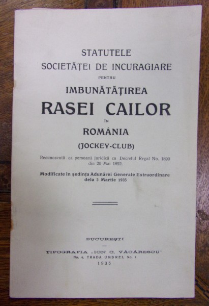 STATUTELE SOCIETATII DE IMBUNATATIRE A RASEI CAILOR IN ROMANIA (1935)