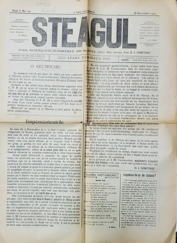 STEAGUL - FOAIA NATIONALISTILOR - DEMOCRATI DIN PRAHOVA , ANUL I , NR. 15 , 18 DECEMBRIE  ,  1911