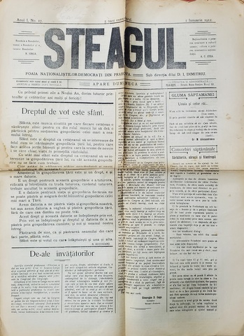 STEAGUL - FOAIA NATIONALISTILOR - DEMOCRATI DIN PRAHOVA , ANUL I , NR. 17 , 1 IANUARIE ,  1912