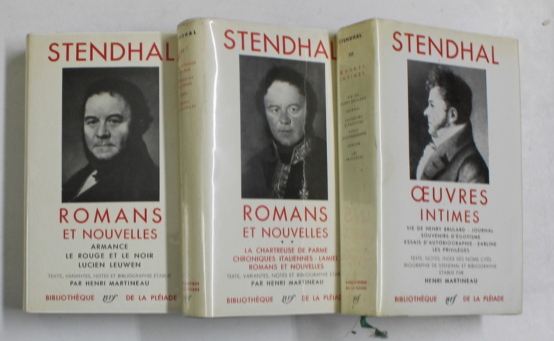 STENDHAL - ROMANS ET NOUVELLES / OEUVRES INTIMES , VOLUMELE I - III ,  BIBLIOTHEQUE DE LA PLEIDAE , 1956 , EDITIE DE LUX PE HARTIE DE BIBLIE , LEGATURA PIELE