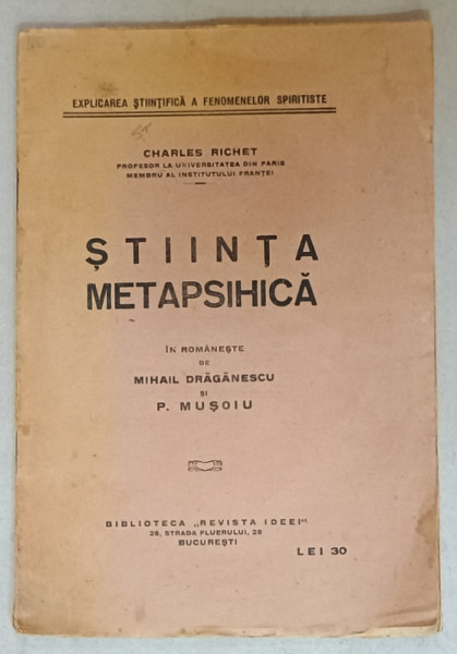 STIINTA METAPSIHICA de CHARLES RICHET , 1926