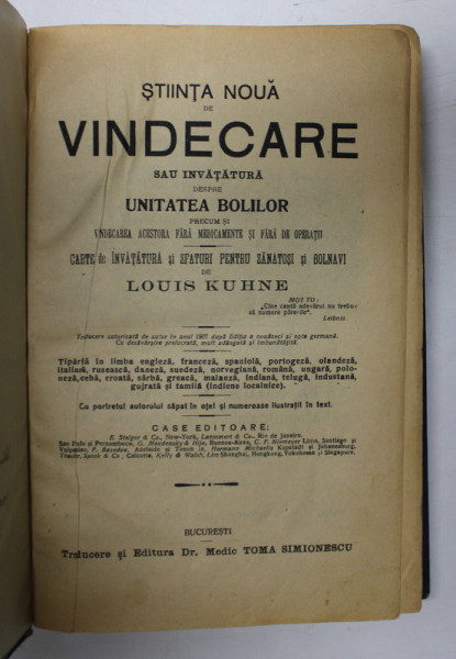 STIINTA NOUA DE VINDECARE SAU INVATATURA DESPRE UNITATEA BOLILOR de LOUIS KUHNE ,  1907
