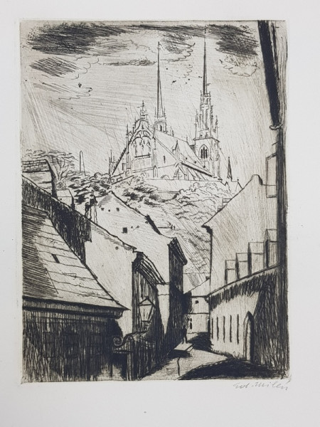 ' STRADA IN  ORAS MEDIEVAL ' , GRAVURA PE METAL , SEMNATA ED. MILLER ? , CCA. 1900