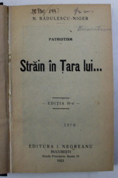 STRAIN IN TARA LUI ...de N . RADULESCU - NIGER , 1923