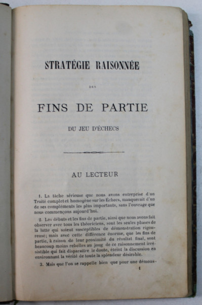 STRATEGIE RAISONNEE DES FINS DE PARTIE DU JEU D ' ECHECS , LIVRE  I  - ROIS ET PIONS , EDITIE DE SFARSIT DE SECOL XIX , LIPSA PAGINA DE TITLU *