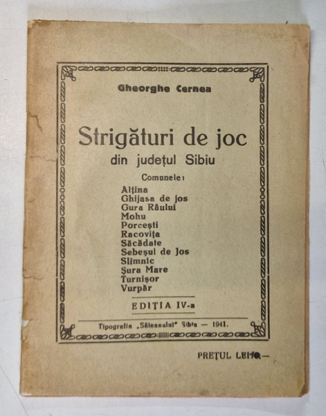 STRIGATURI DE JOC DIN JUDETUL SIBIU de GHEORGHE CERNEA , 1940