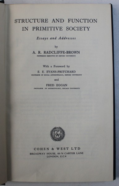 STRUCTURE AND FUNCTION IN PRIMITIVE SOCIETY by A.R. RADCLIFFE  - BROWN , 1965