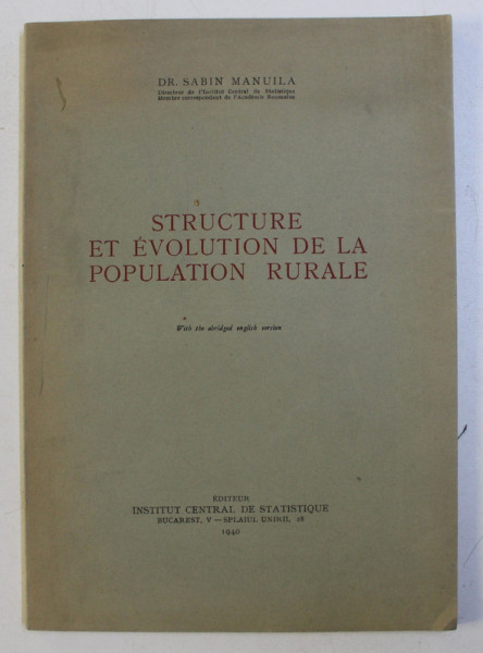 STRUCTURE ET EVOLUTION DE LA POPULATION RURALE par SABIN MANUILA , 1940