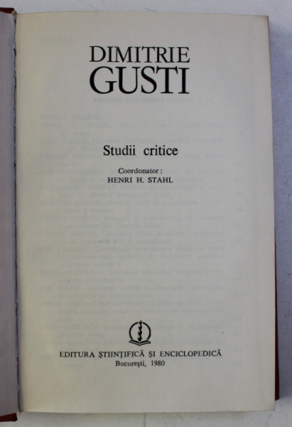 STUDII CRITICE de DIMITRIE GUSTI , Bucuresti 1980