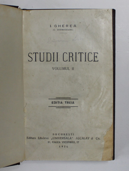 STUDII CRITICE , VOLUMUL II de I. GHEREA  (C. DOBROGEANU ) , 1925