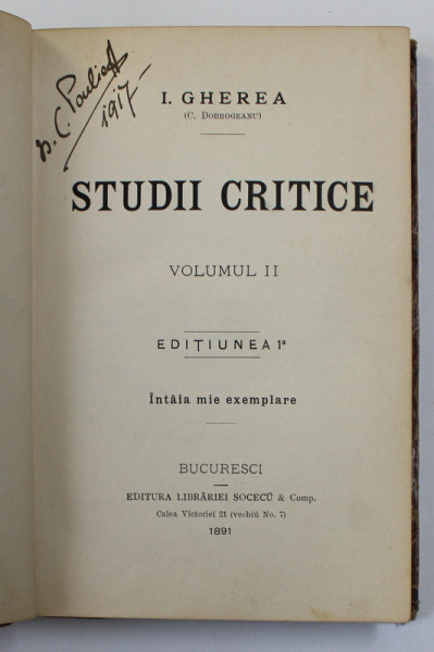 STUDII CRITICE , VOLUMUL II de I. GHEREA ' C. DOBROGEANU ' , EDITIA I* , 1891