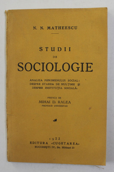 STUDII DE SOCIOLOGIE de N.N. MATHEESCU , 1933