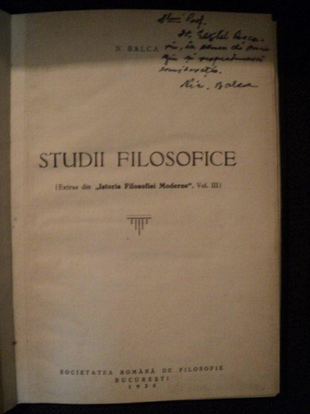 STUDII FILOSOFICE de N. BALCA, BUC. 1938