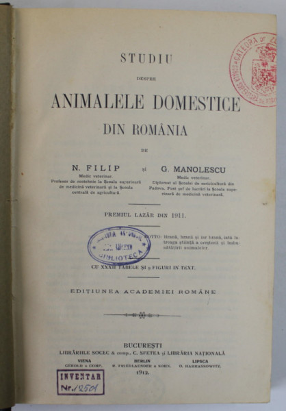 STUDIU DESPRE ANIMALELE DOMESTICE - N. FILIP  SI G.MANOLESCU   -BUC.1912