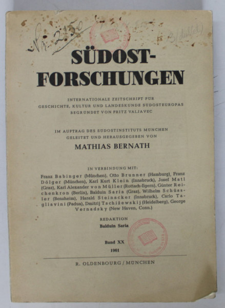 SUDOST - FORSCHUNGEN  i CERCETARI DE SUD - EST ) , BAND XX  , 1961 , REVISTA IN LIMBA GERMANA