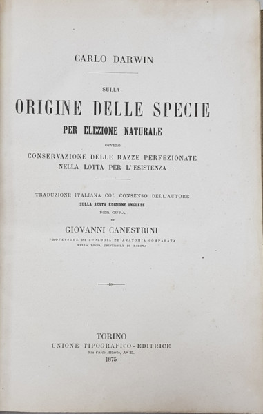 SULLA ORIGINE DELLE SPECIE PER ELEZIONE NATURALE di CARLO DARWIN , 1875
