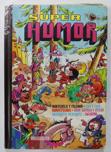 SUPER HUMOR  de MORTADELO Y FILEMON ...SACARINO , BENZI DESENATE , TEXT IN LB. SPANIOLA  , 1985 , COTOR LIPIT CU SCOTCH