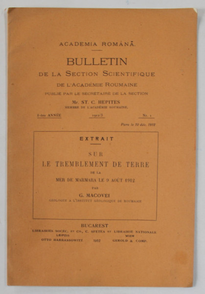 SUR LE TREMBLEMENT DE TERRE DE LA MER DE MARMARA LA 9 AOUT 1912 par G. MACOVEI , 1912