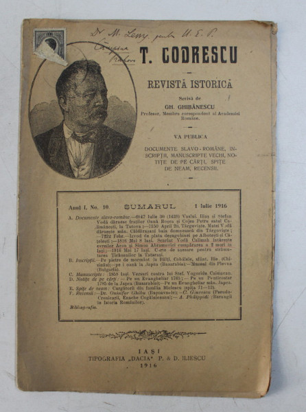 T. CODRESCU  - REVISTA ISTORICA scrisa de GH. GHIBANESCU , ANUL 1 , NR. 10   , 1 IULIE   1916