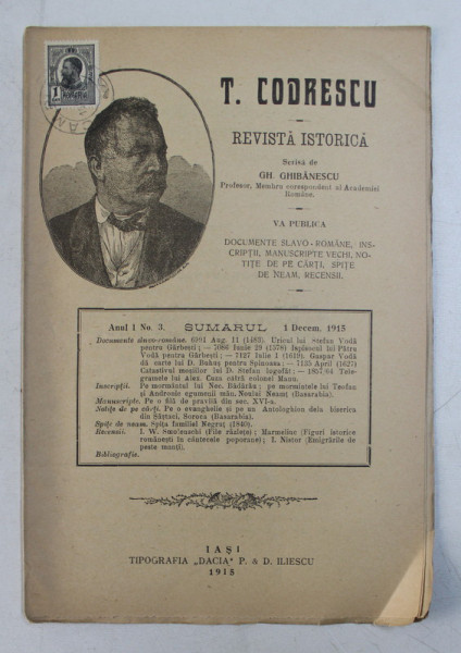 T. CODRESCU  - REVISTA ISTORICA scrisa de GH. GHIBANESCU , ANUL 1 , NR. 3  , 1 DECEMBRIE  1915