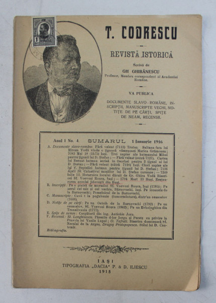 T. CODRESCU  - REVISTA ISTORICA scrisa de GH. GHIBANESCU , ANUL 1 , NR. 4  , 1 IANUARIE , 1916