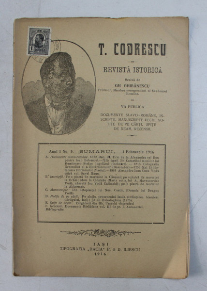 T. CODRESCU  - REVISTA ISTORICA scrisa de GH. GHIBANESCU , ANUL 1 , NR. 5  , 1 FEBRUARIE  1916