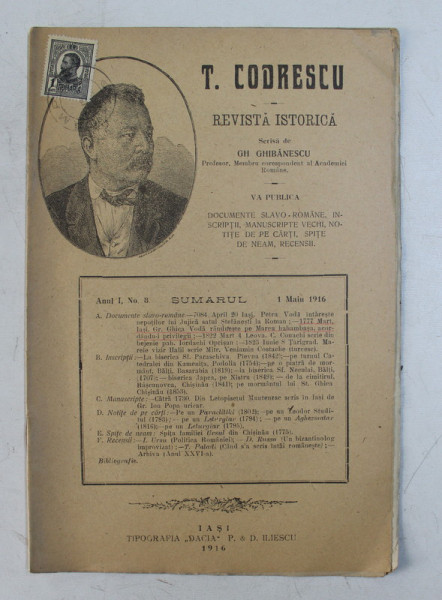 T. CODRESCU  - REVISTA ISTORICA scrisa de GH. GHIBANESCU , ANUL 1 , NR. 8  , 1 MAI   1916