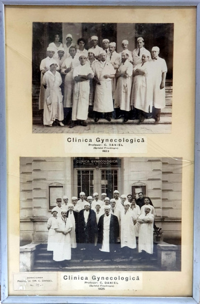 TABLOU CU DOUA FOTOGRAFII - PERSONALUL MEDICAL AL CLINICII GINECOLOGICE PROFESOR  ' C. DANIEL '  SPITALUL FILANTROPIA BUCURESTI , INRAMATE , SUB STICLA , 1923 - 1925