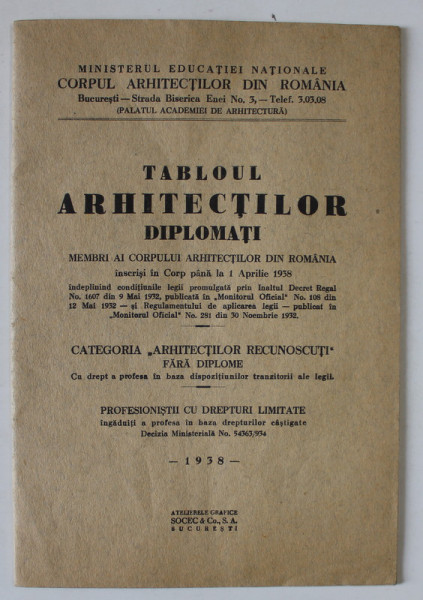 TABLOUL ARHITECTILOR DIPLOMATI , MEMBRII AI CORPULUI ARHITECTILOR DIN ROMANIA , INSCRISI PANA  LA 1 APRILIE , 1938, VEZI DESCRIERE !