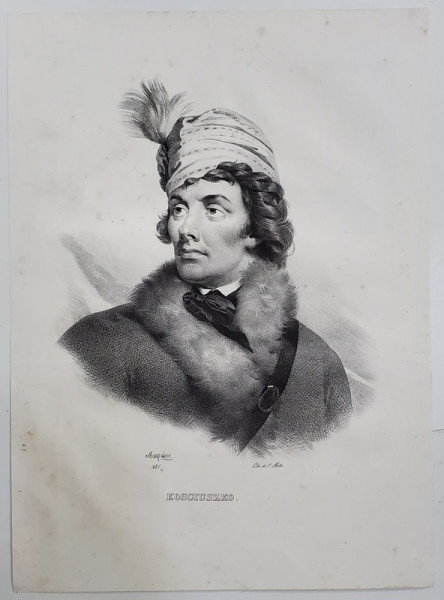 TADEUSZ KOSCIUSZKO , EROU NATIONAL POLONEZ , LITOGRAFIE , DESEN de MAUZAISSE , litografiat de C. MOTTE , 1826
