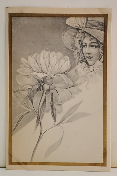 TANARA CU PALARIE ALBA SI FLOARE , CARTE POSTALA ILUSTRATA , CHENAR AURIU , CLASICA