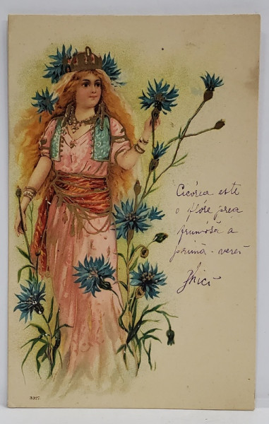 TANARA  DOMNITA , INCONJURATA DE FLORI ALBASTRE , CROMOLITOGRAFIE , EMBOSATA , CARTE POSTALA , CLASICA