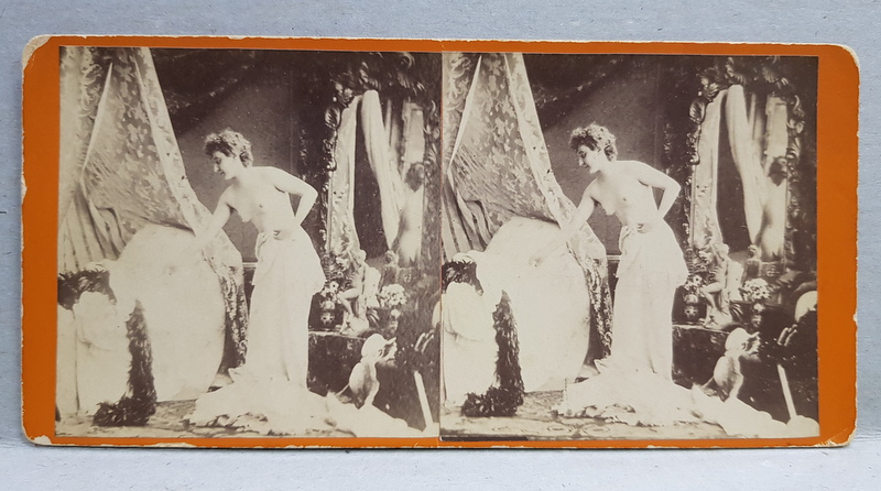 TANARA NUD IN BUDOAR , FOTOGRAFIE STEREOSCOPICA , PE CARTON , CCA . 1900