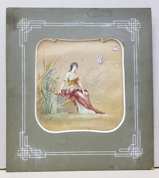 TANARA PE MALUL LACULUI , PICTURA PE MATASE , SEMNATA AD. CAUSON ., CCA 1900