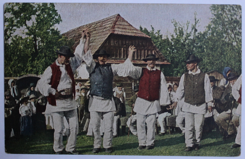 TANZENDE BAUERN ( GRUP DE PATRU TARANI DANSAND ) , CARTE POSTALA ILUSTRATA  , POLICROMA , NECIRCULATA , PERIOADA INTERBELICA