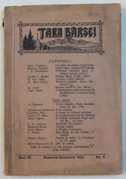 TARA BARSEI  - APARE TOT LA DOUA LUNI , ANUL VII  , NO . 6 , NOEMVRIE  - DECEMVRIE , 1935