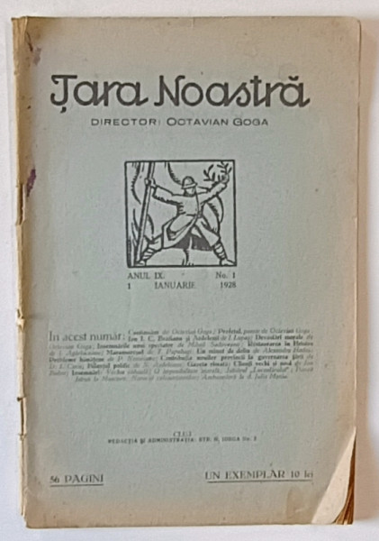 TARA NOASTRA , REVISTA LITERARA , POLITICA SI SOCIALA , APARUTA LA CLUJ , DIRECTOR OCTAVIAN GOGA , ANUL IX , NR. 1 , 1928