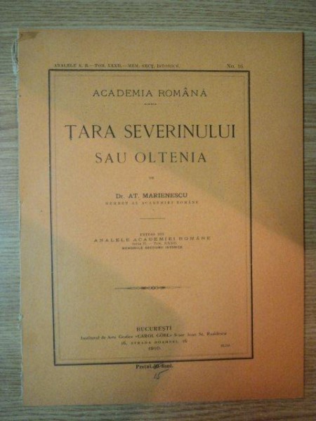 TARA SEVERINULUI SAU OLTENIA de AT. MARIENESCU , 1910