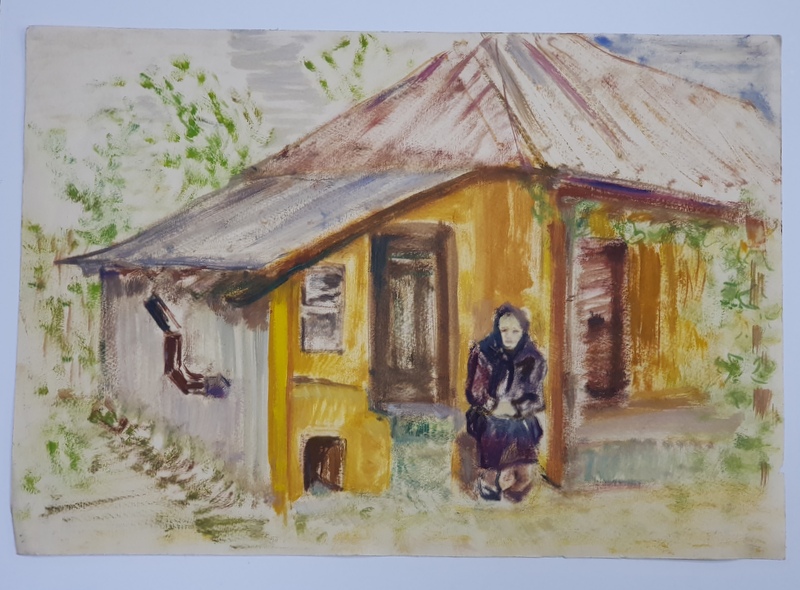 TARANCA PE SCAUNEL LANGA CASA - DESEN CU AUTOR NECUNOSCUT , ANII  '70